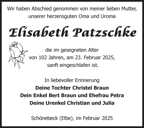 Traueranzeige von Elisabeth Patzschke von Volksstimme Schönebeck