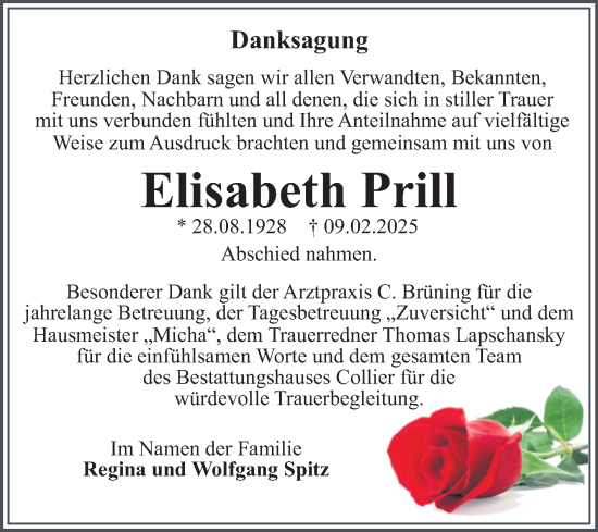 Traueranzeige von Elisabeth Prill von Trauerkombi Dessau