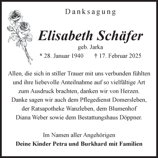 Traueranzeige von Elisabeth Schäfer von Volksstimme Oschersleben/Wanzleben