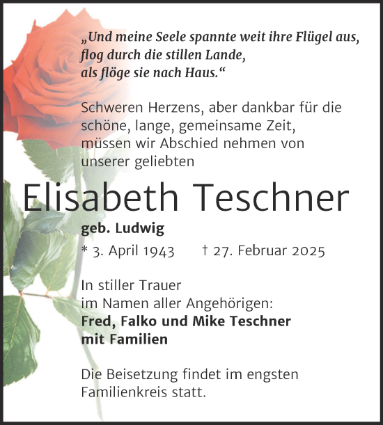 Traueranzeige von Elisabeth Teschner von Mitteldeutsche Zeitung Halle/Saalkreis