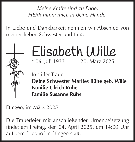 Traueranzeige von Elisabeth Wille von Volksstimme Haldensleben/Wolmirstedt