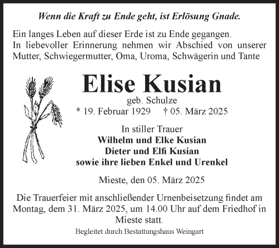 Traueranzeige von Elise Kusian von Volksstimme Altmark West