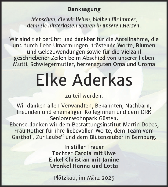 Traueranzeige von Elke Aderkas von Trauerkombi Bernburg