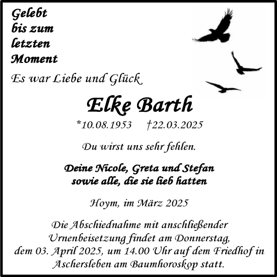 Traueranzeige von Elke Barth von Trauerkombi Aschersleben