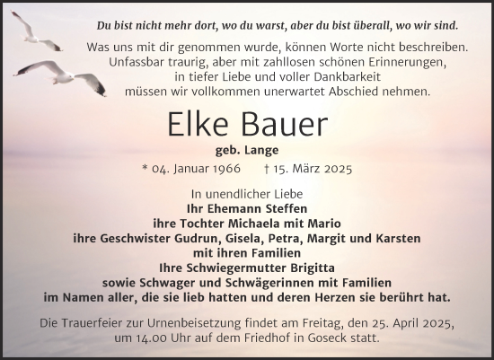Traueranzeige von Elke Bauer von Trauerkombi Weißenfels