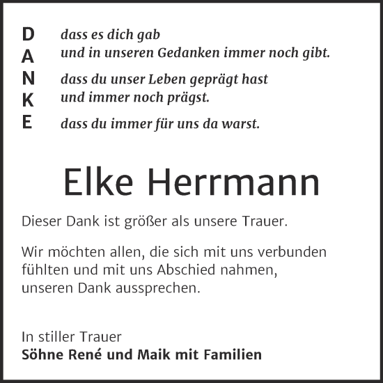 Traueranzeige von Elke Herrmann von Trauerkombi Bernburg