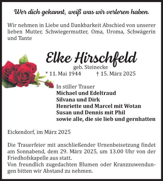 Traueranzeige von Elke Hirschfeld von Volksstimme Haldensleben/Wolmirstedt