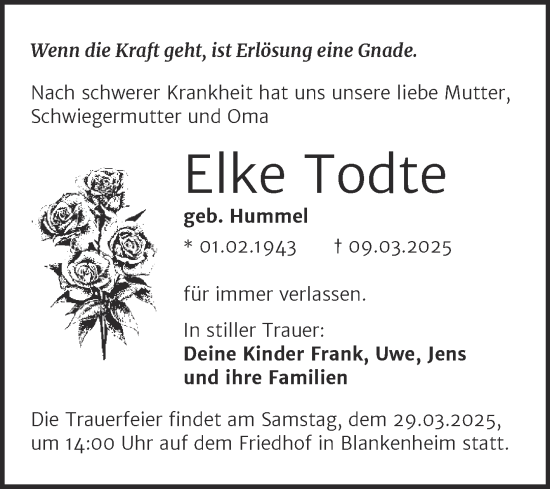 Traueranzeige von Elke Todte von Trauerkombi Sangerhausen