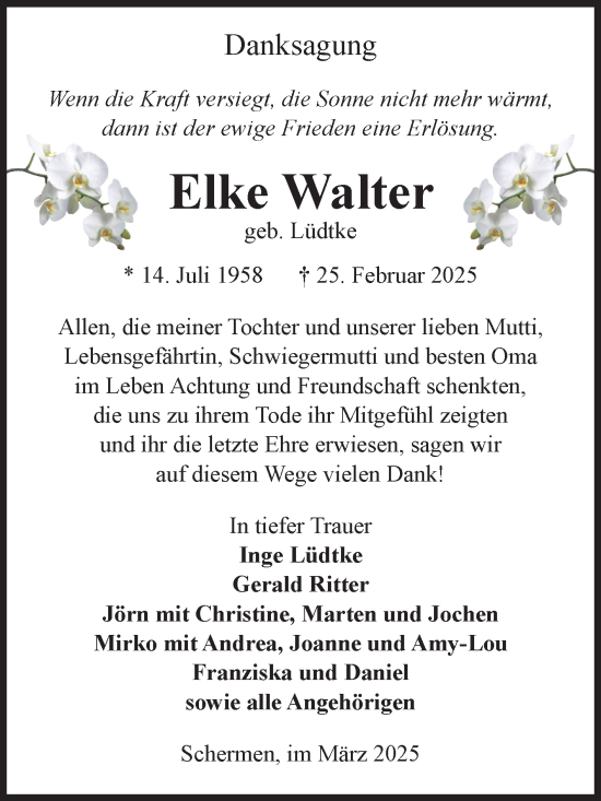 Traueranzeige von Elke Walter von Volksstimme Burg/Genthin