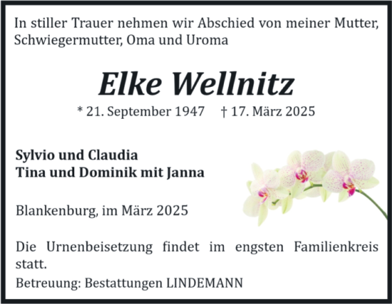 Traueranzeige von Elke Wellnitz von Volksstimme Wernigerode