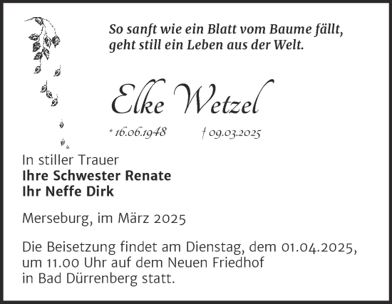 Traueranzeige von Elke Wetzel von Trauerkombi Merseburg