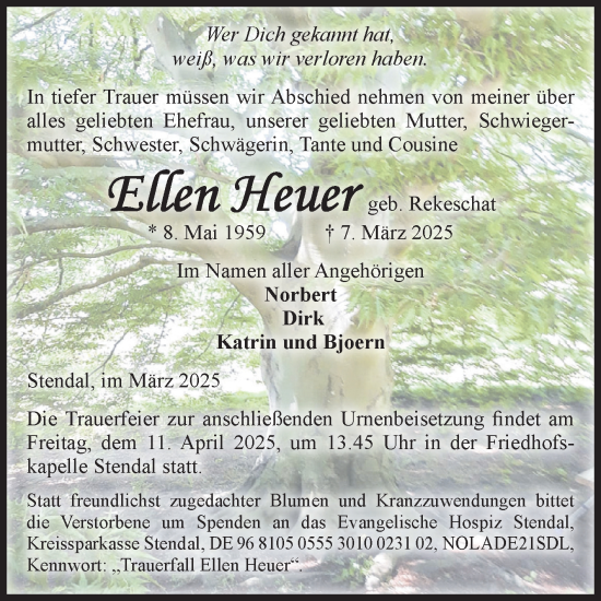 Traueranzeige von Ellen Heuer von Volksstimme Altmark Ost