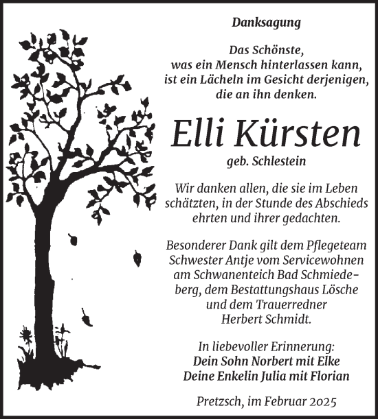 Traueranzeige von Elli Kürsten von Trauerkombi Wittenberg