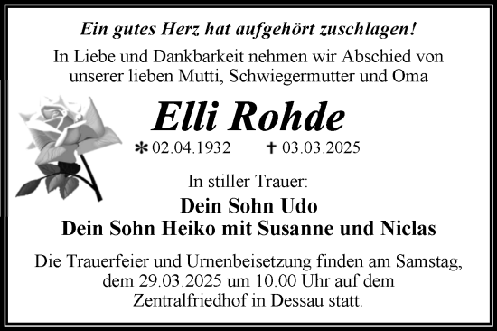 Traueranzeige von Elli Rohde von Trauerkombi Dessau