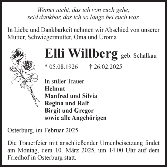 Traueranzeige von Elli Willberg von Volksstimme Altmark Ost