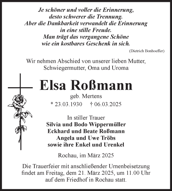 Traueranzeige von Elsa Roßmann von Volksstimme Altmark Ost