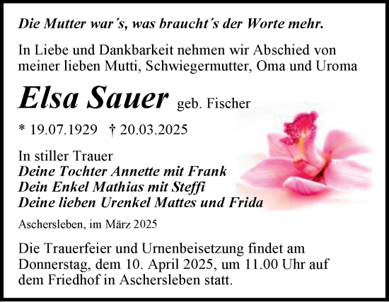 Traueranzeige von Elsa Sauer von Trauerkombi Aschersleben