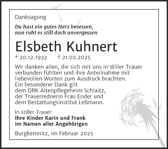 Traueranzeige von Elsbeth Kuhnert von Trauerkombi Bitterfeld