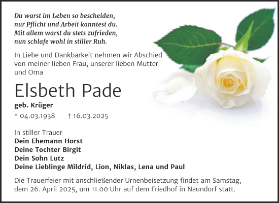 Traueranzeige von Elsbeth Pade von Trauerkombi Wittenberg