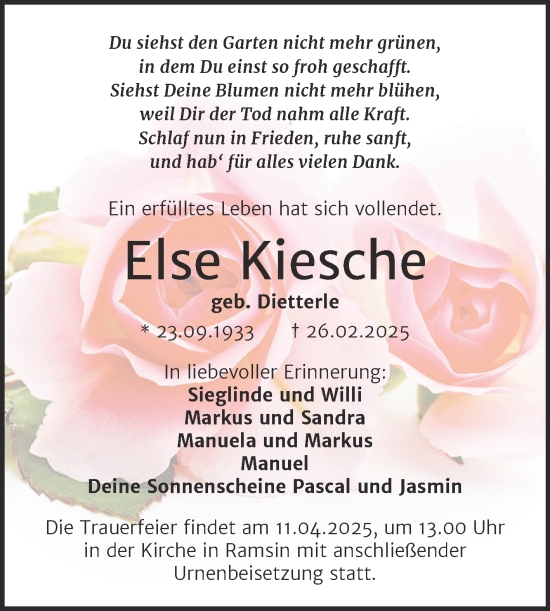 Traueranzeige von Else Kiesche von Trauerkombi Bitterfeld