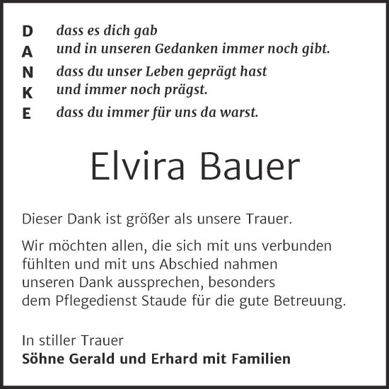 Traueranzeige von Elvira Bauer von Trauerkombi Bernburg
