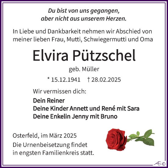 Traueranzeige von Elvira Pützschel von Trauerkombi Zeitz