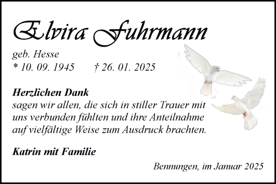 Traueranzeige von Elvira Schuhrmann von Trauerkombi Sangerhausen