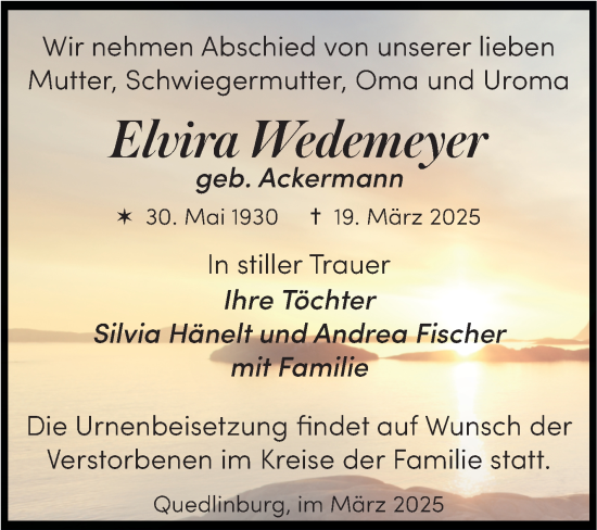 Traueranzeige von Elvira Wedemeyer von Trauerkombi Quedlinburg