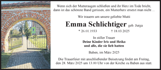 Traueranzeige von Emma Schlichtiger von Volksstimme Altmark Ost