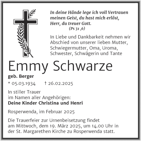 Traueranzeige von Emmy Schwarze von Trauerkombi Sangerhausen