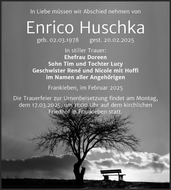 Traueranzeige von Enrico Huschka von Trauerkombi Merseburg
