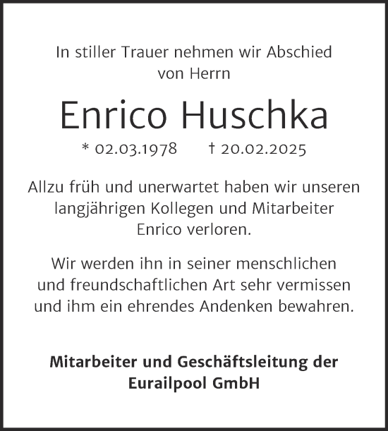 Traueranzeige von Enrico Huschka von Mitteldeutsche Zeitung Merseburg/Querfurt