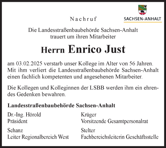 Traueranzeige von Enrico Just von Volksstimme Halberstadt