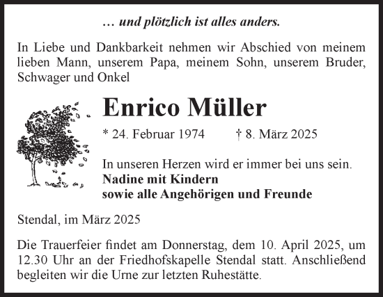 Traueranzeige von Enrico Müller von Volksstimme Altmark Ost