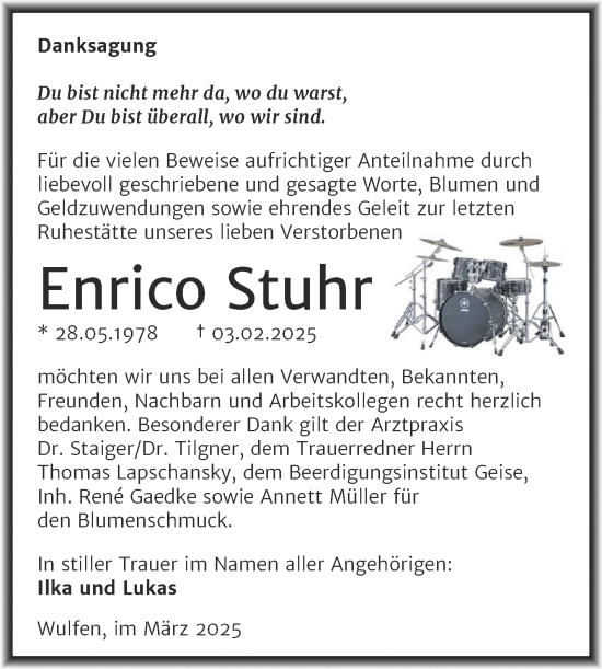 Traueranzeige von Enrico Stuhr von Trauerkombi Köthen