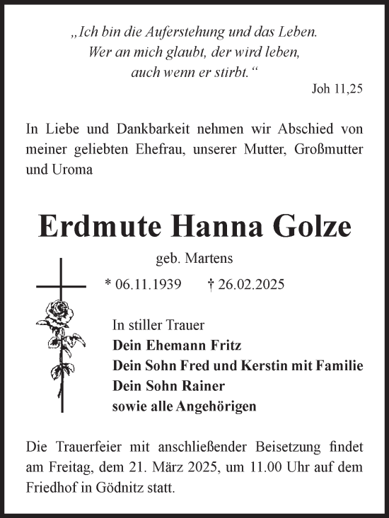 Traueranzeige von Erdmute Hanna Golze von Volksstimme Zerbst
