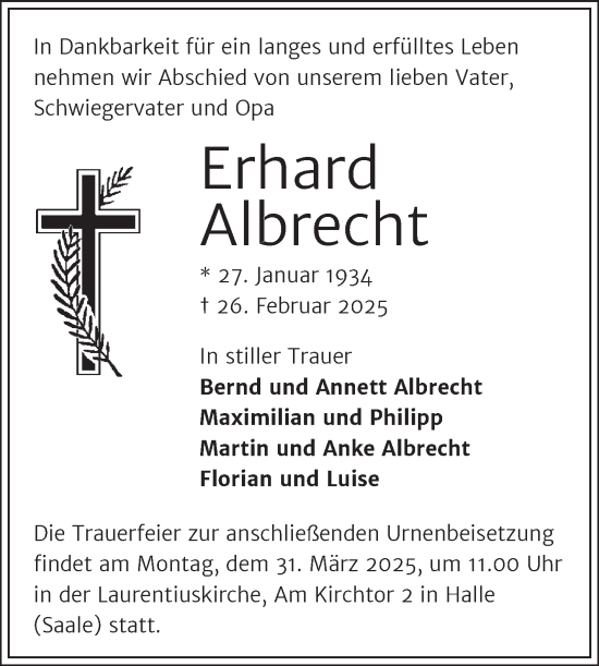 Traueranzeige von Erhard Albrecht von Mitteldeutsche Zeitung Halle/Saalkreis