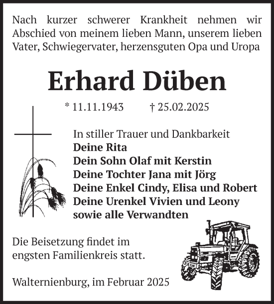 Traueranzeige von Erhard Düben von Volksstimme Zerbst