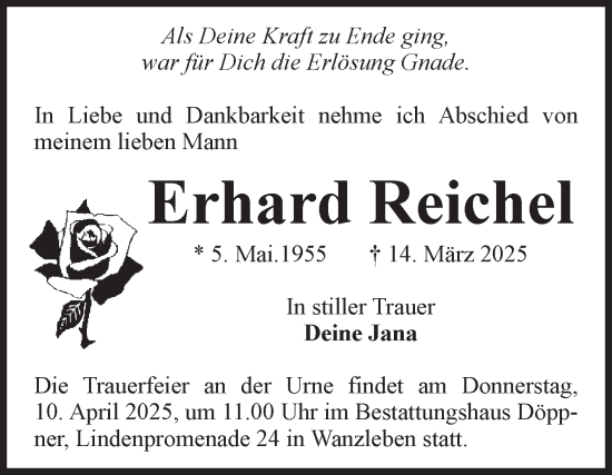 Traueranzeige von Erhard Reichel von Volksstimme Oschersleben/Wanzleben