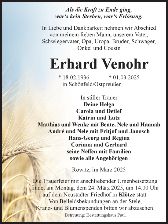 Traueranzeige von Erhard Venohr von Volksstimme Altmark West