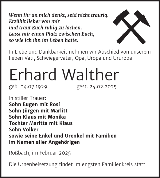 Traueranzeige von Erhard Walther von Trauerkombi Merseburg