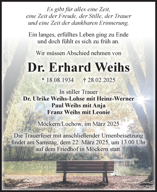 Traueranzeige von Erhard Weihs von Volksstimme Burg/Genthin