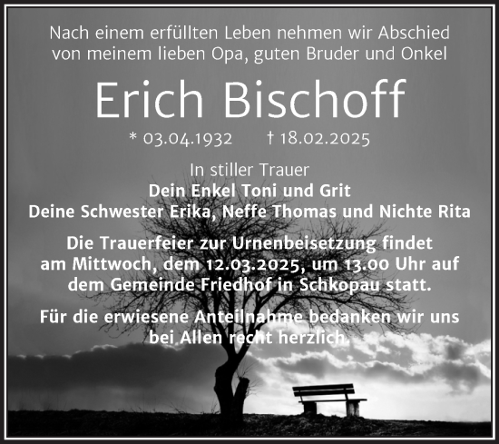 Traueranzeige von Erich Bischoff von Trauerkombi Merseburg
