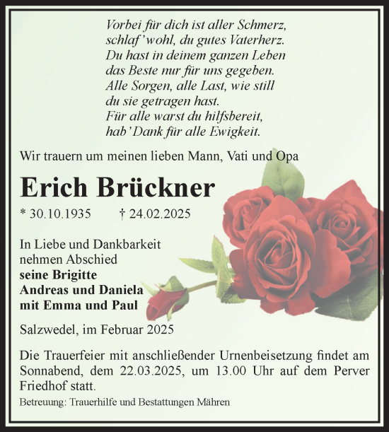 Traueranzeige von Erich Brückner von Volksstimme Altmark West