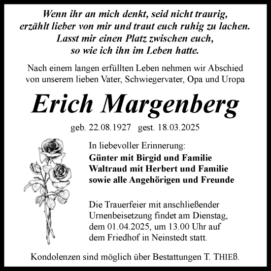 Traueranzeige von Erich Margenberg von Trauerkombi Quedlinburg