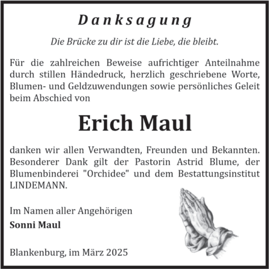 Traueranzeige von Erich Maul von Volksstimme Wernigerode