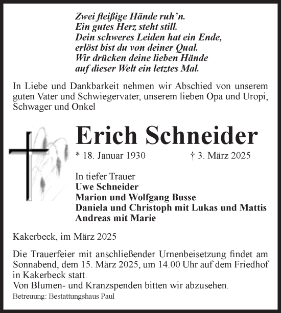 Traueranzeige von Erich Schneider von Volksstimme Altmark West