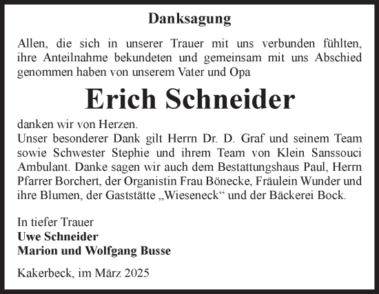 Traueranzeige von Erich Schneider von Volksstimme Altmark West