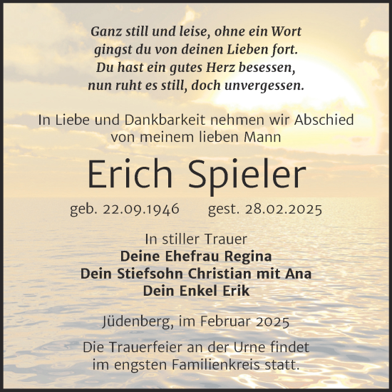 Traueranzeige von Erich Spieler von Trauerkombi Wittenberg