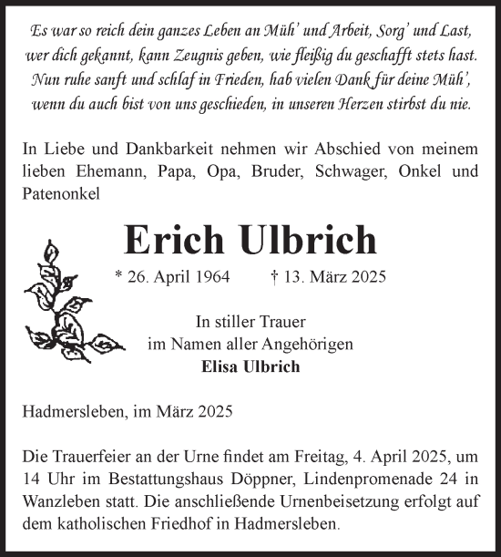 Traueranzeige von Erich Ulbrich von Volksstimme Oschersleben/Wanzleben